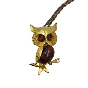 Vintage Owl Brooch Pendant Necklace Glass Eyes Agate Gold Tone Jelly Belly 60's